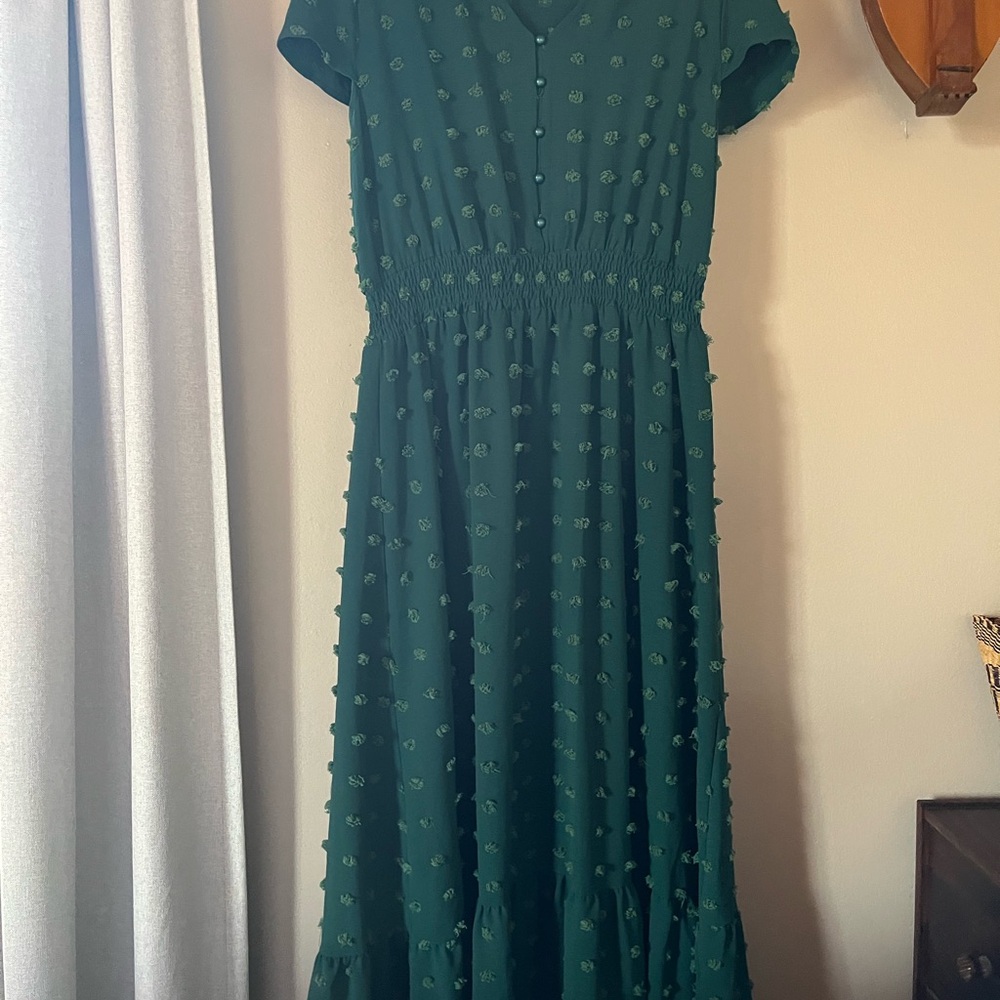 Green Textured Smocked Waist Button Front Maxi Dress